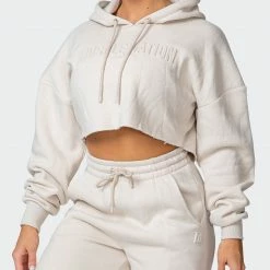 Muscle Nation Welcome To The Club Lounge Cropped Hoodie - Almond