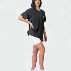 Muscle Nation Welcome To The Club Womens Graffiti Tag Oversized Vintage Tee - Washed Black