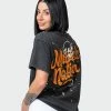 Muscle Nation Welcome To The Club Womens Graffiti Tag Oversized Vintage Tee - Washed Black