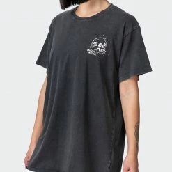 Muscle Nation Welcome To The Club Womens Graffiti Tag Oversized Vintage Tee - Washed Black