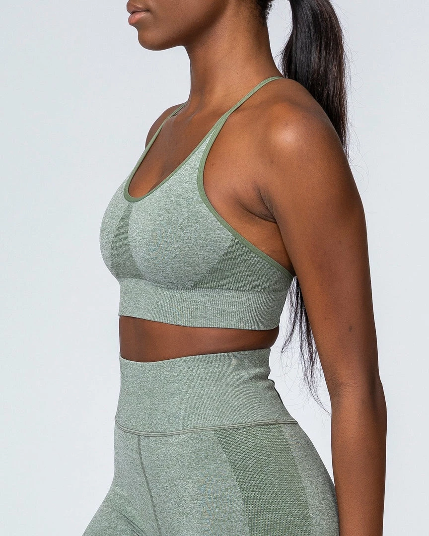 Outlet 🎉 Muscle Nation 👩 Womens All Day Strap Seamless Bra - Khaki Marl ✔️ 11 Muscle Nation Womens All Day Strap Seamless Bra - Khaki Marl