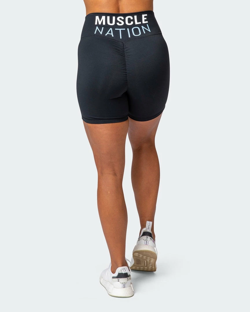 Brand new 🥰 Muscle Nation Prize Fighter Bike Shorts - Black W/ White & Cashmere Blue 👩 Womens ❤️ 12 Muscle Nation Prize Fighter Bike Shorts - Black W/ White & Cashmere Blue Womens