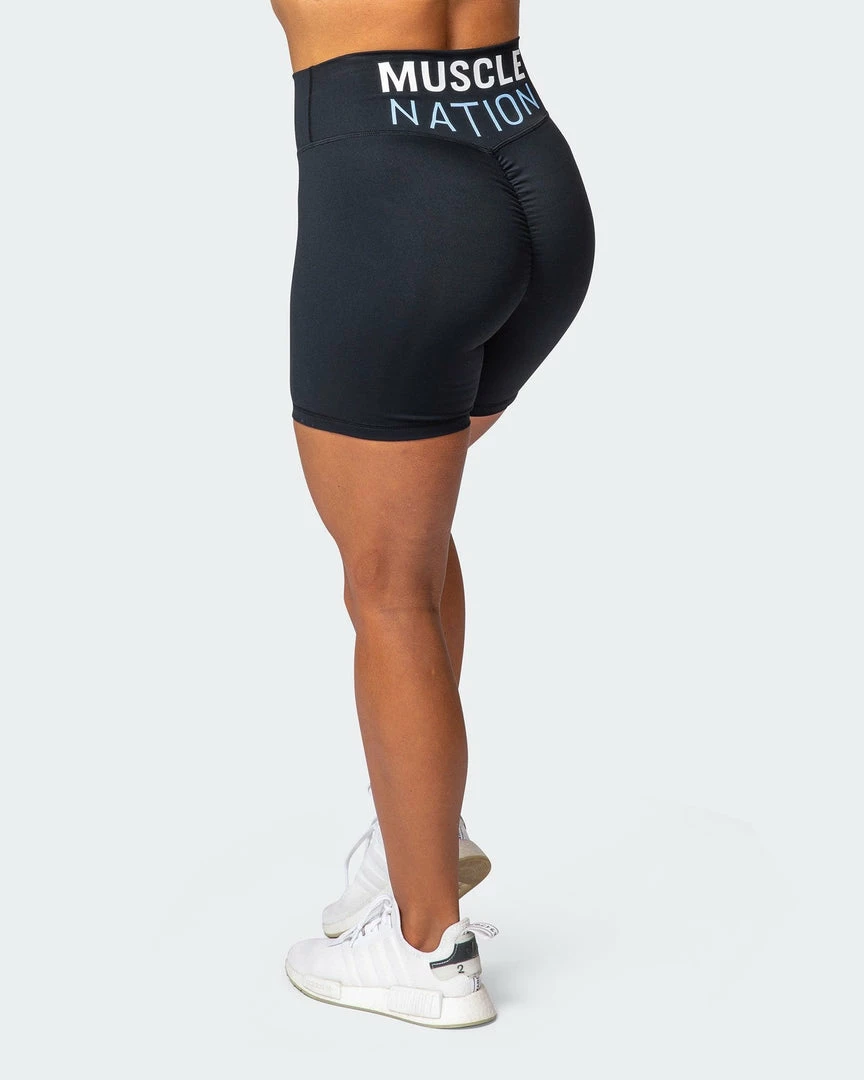 Brand new 🥰 Muscle Nation Prize Fighter Bike Shorts - Black W/ White & Cashmere Blue 👩 Womens ❤️ 5 Muscle Nation Prize Fighter Bike Shorts - Black W/ White & Cashmere Blue Womens