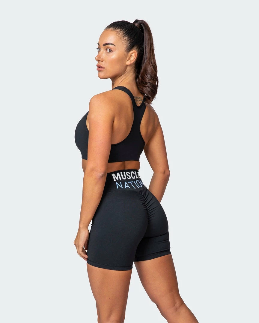 Brand new 🥰 Muscle Nation Prize Fighter Bike Shorts - Black W/ White & Cashmere Blue 👩 Womens ❤️ 6 Muscle Nation Prize Fighter Bike Shorts - Black W/ White & Cashmere Blue Womens