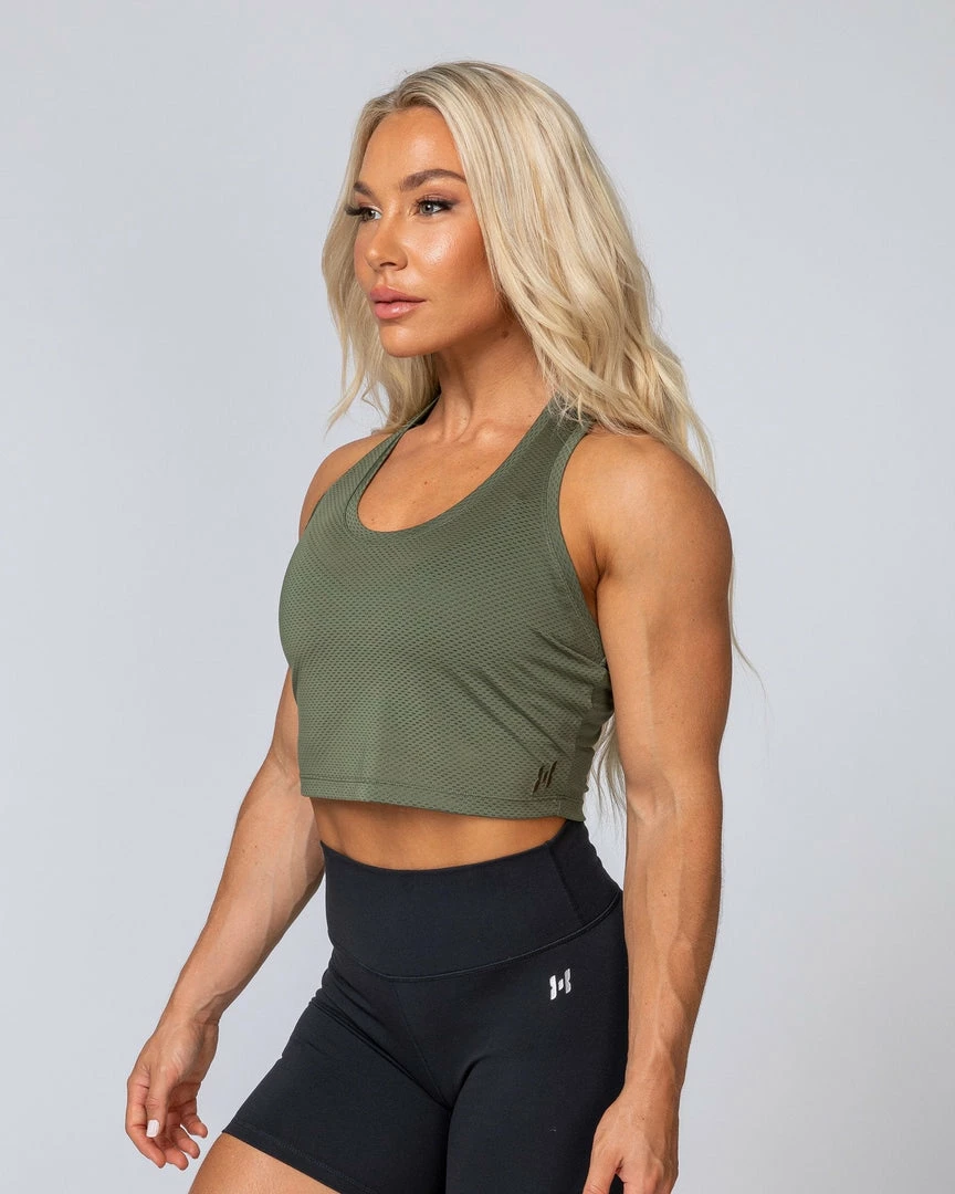Outlet 🛒 Muscle Nation 👩 Womens HBxMN Breeze Cropped Mesh Tank - Military 🎉 3 Muscle Nation Womens HBxMN Breeze Cropped Mesh Tank - Military