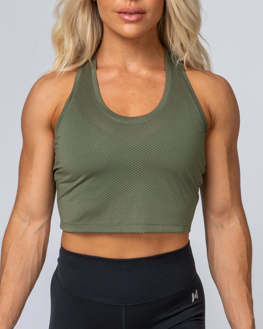 Outlet 🛒 Muscle Nation 👩 Womens HBxMN Breeze Cropped Mesh Tank - Military 🎉 4 Muscle Nation Womens HBxMN Breeze Cropped Mesh Tank - Military