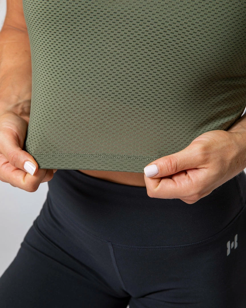 Outlet 🛒 Muscle Nation 👩 Womens HBxMN Breeze Cropped Mesh Tank - Military 🎉 5 Muscle Nation Womens HBxMN Breeze Cropped Mesh Tank - Military