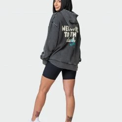 Muscle Nation Womens MN Club Oversized Vintage Hoodie - Washed Black Welcome To The Club