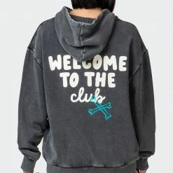 Muscle Nation Womens MN Club Oversized Vintage Hoodie - Washed Black Welcome To The Club