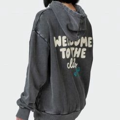 Muscle Nation Womens MN Club Oversized Vintage Hoodie - Washed Black Welcome To The Club