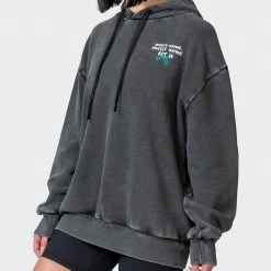Muscle Nation Womens MN Club Oversized Vintage Hoodie - Washed Black Welcome To The Club