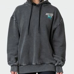 Muscle Nation Womens MN Club Oversized Vintage Hoodie - Washed Black Welcome To The Club