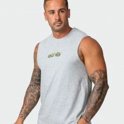 Muscle Nation Leopard Eyes Vintage Tank - Washed Light Grey Marl Mens