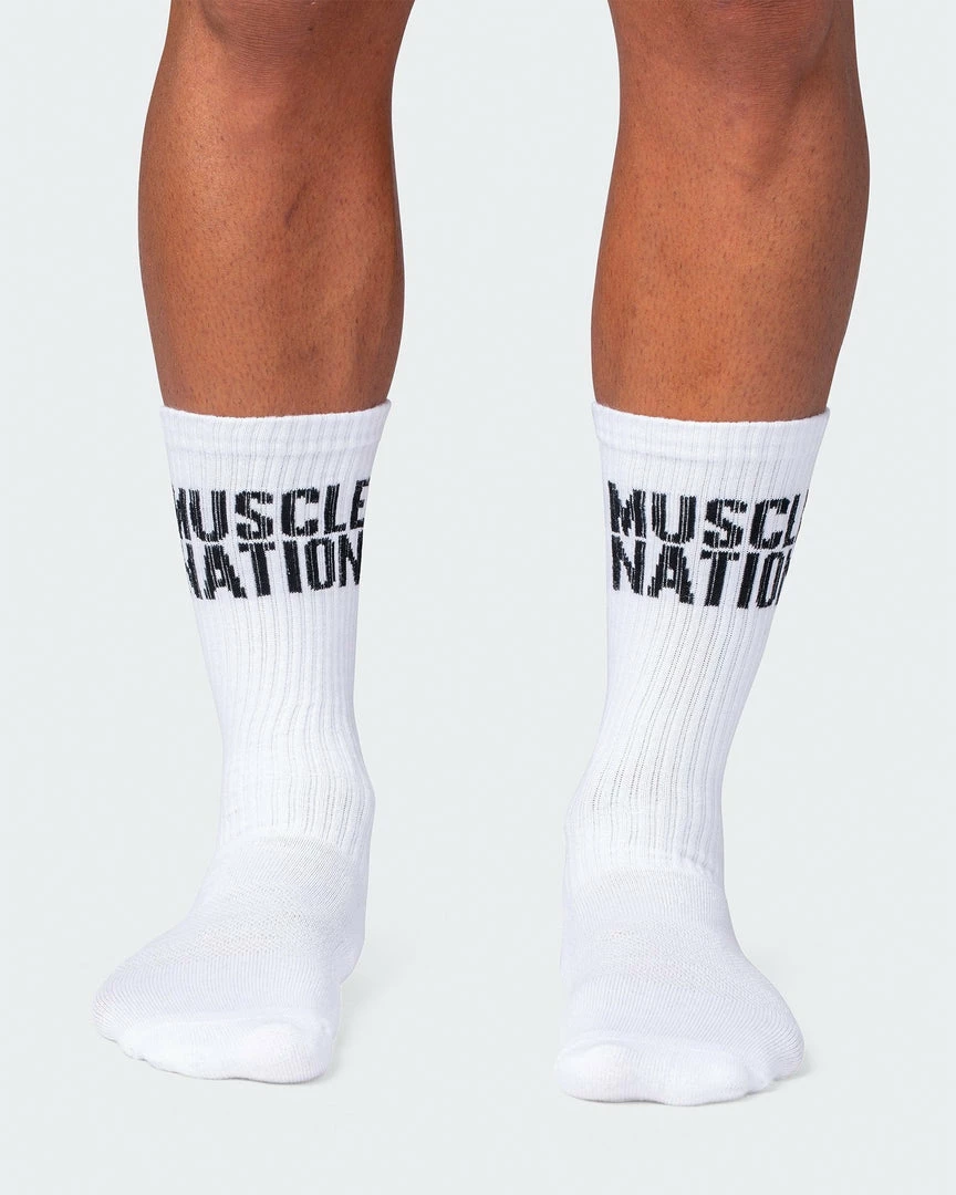 Best Pirce 🛒 Muscle Nation MN Unisex Crew 🧦 Socks 2 Pack - White 30% EOFY SALE 🌟 6 Muscle Nation MN Unisex Crew Socks 2 Pack - White 30% EOFY SALE