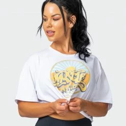 Muscle Nation Womens Retro Vibes Cropped Vintage Tee - Washed White