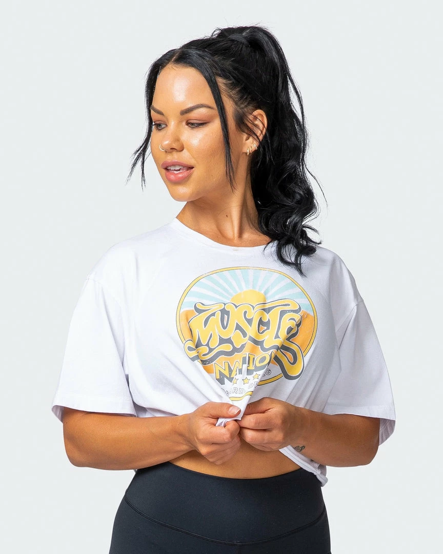 Promo ๐ Muscle Nation ๐ฉ Womens Retro Vibes Cropped Vintage Tee - Washed White ๐ 3 Muscle Nation Womens Retro Vibes Cropped Vintage Tee - Washed White