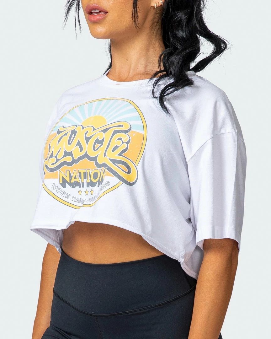 Promo ๐ Muscle Nation ๐ฉ Womens Retro Vibes Cropped Vintage Tee - Washed White ๐ 4 Muscle Nation Womens Retro Vibes Cropped Vintage Tee - Washed White