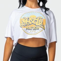 Promo ๐ Muscle Nation ๐ฉ Womens Retro Vibes Cropped Vintage Tee - Washed White ๐ 12 Muscle Nation Womens Retro Vibes Cropped Vintage Tee - Washed White