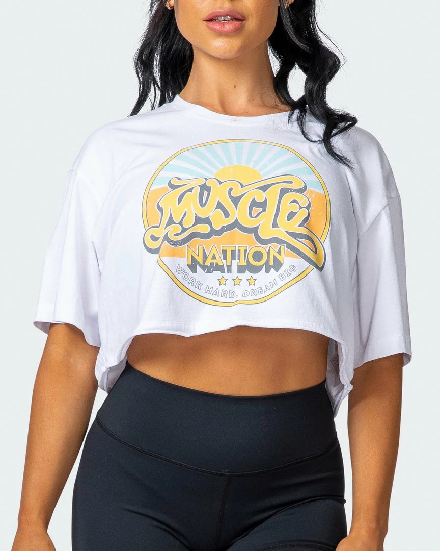Promo ๐ Muscle Nation ๐ฉ Womens Retro Vibes Cropped Vintage Tee - Washed White ๐ 5 Muscle Nation Womens Retro Vibes Cropped Vintage Tee - Washed White