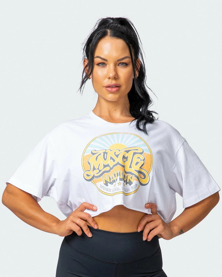 Promo ๐ Muscle Nation ๐ฉ Womens Retro Vibes Cropped Vintage Tee - Washed White ๐ 10 Muscle Nation Womens Retro Vibes Cropped Vintage Tee - Washed White