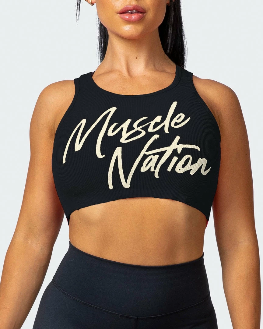 Deals 🛒 Muscle Nation Script Rib Cropped Tank - Black 👩 Womens 👍 4 Muscle Nation Script Rib Cropped Tank - Black Womens