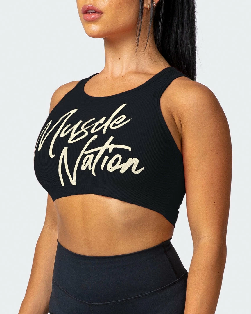 Deals 🛒 Muscle Nation Script Rib Cropped Tank - Black 👩 Womens 👍 5 Muscle Nation Script Rib Cropped Tank - Black Womens