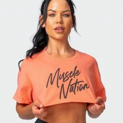 Muscle Nation Womens Script Super Cropped Tee - Washed Citrus