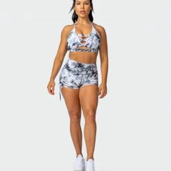 Muscle Nation Scrunch Bum Signature Scrunch Tie Up Shorts - Grey Black Tie Dye Print