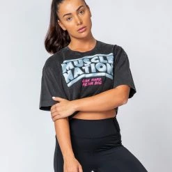 Muscle Nation Womens Cropped Vintage Tee - Washed Black 80's Chrome
