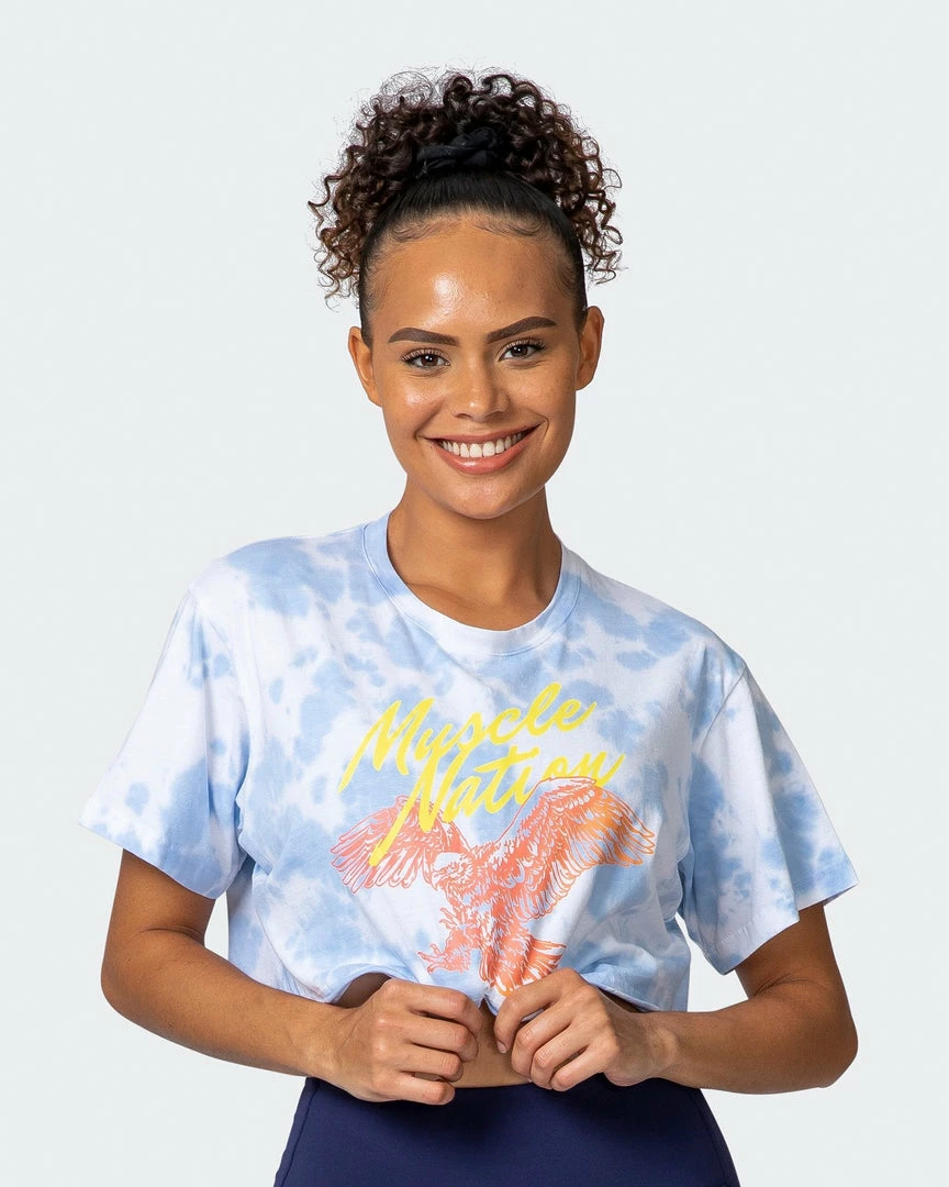 Top 10 ๐ Muscle Nation Featured ๐ฉ Womens Neon Eagle Tie Dye Cropped Tee - White / Cashmere Blue Tie Dye โญ 3 Muscle Nation Featured Womens Neon Eagle Tie Dye Cropped Tee - White / Cashmere Blue Tie Dye