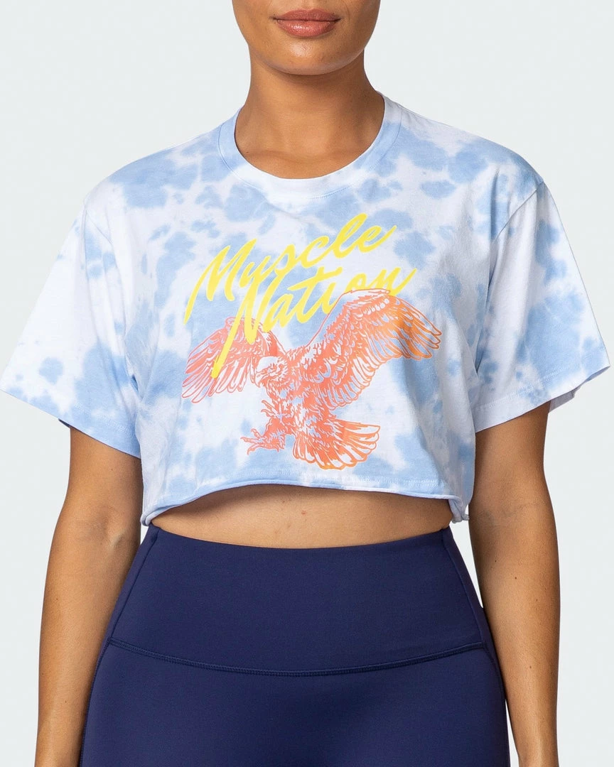 Top 10 ๐ Muscle Nation Featured ๐ฉ Womens Neon Eagle Tie Dye Cropped Tee - White / Cashmere Blue Tie Dye โญ 4 Muscle Nation Featured Womens Neon Eagle Tie Dye Cropped Tee - White / Cashmere Blue Tie Dye