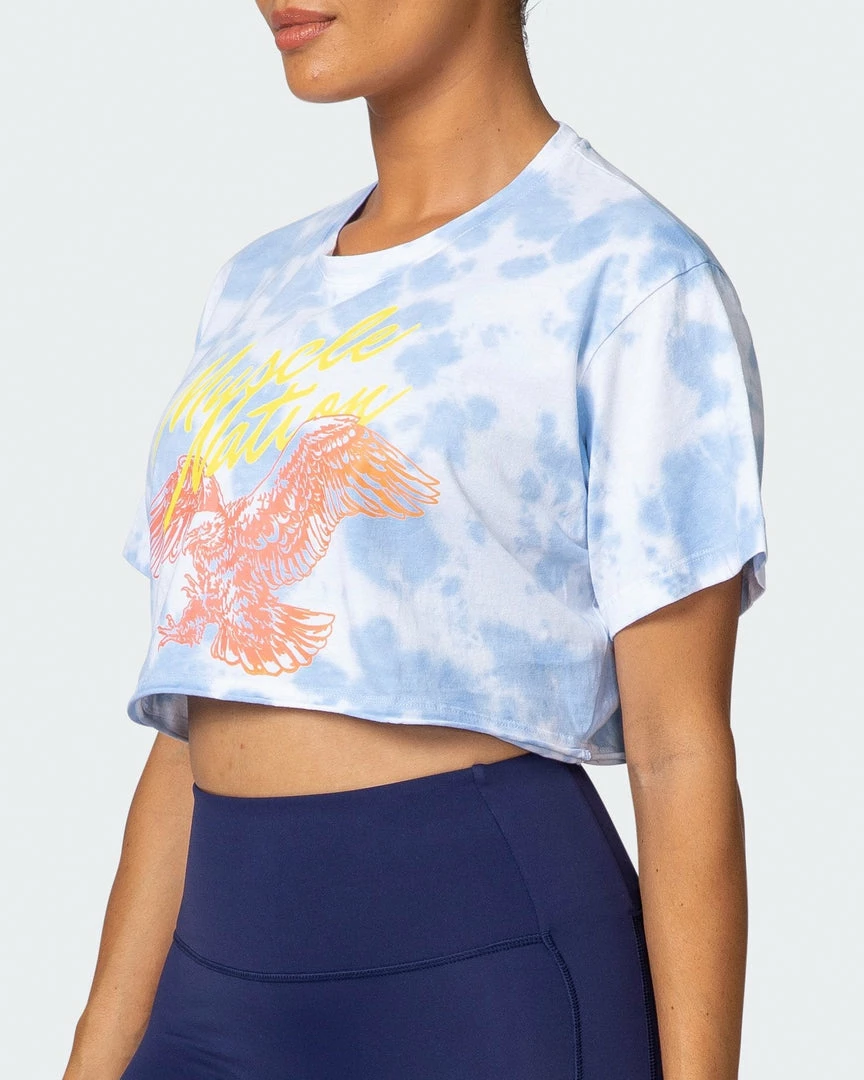 Top 10 ๐ Muscle Nation Featured ๐ฉ Womens Neon Eagle Tie Dye Cropped Tee - White / Cashmere Blue Tie Dye โญ 5 Muscle Nation Featured Womens Neon Eagle Tie Dye Cropped Tee - White / Cashmere Blue Tie Dye