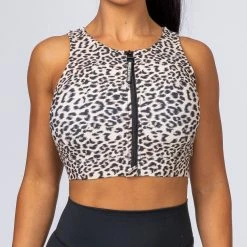 Muscle Nation Zip Up Bra - Yellow Leopard Womens